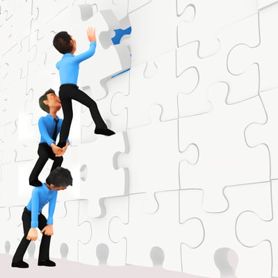 3D business men assembling puzzle pieces -isolated over white