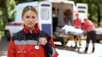 Female Paramedic in front of Ambulance