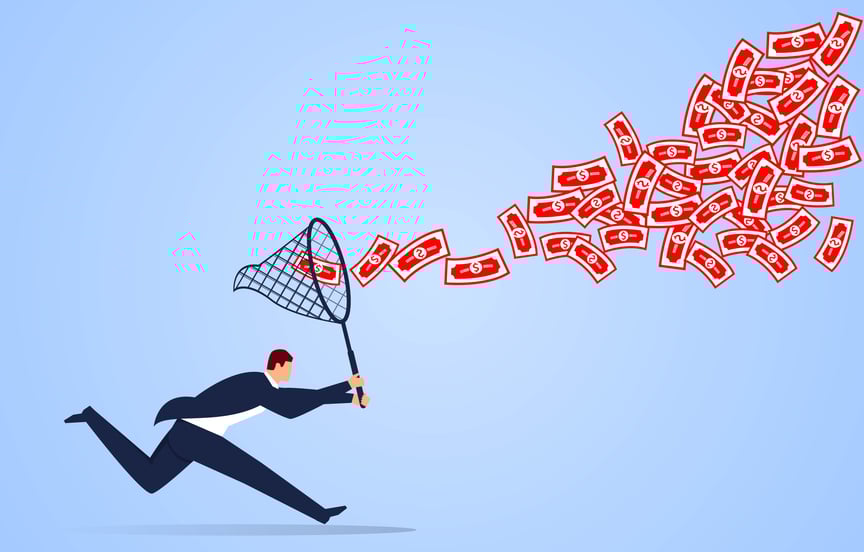 Cartoon of a person catching dollar bills with a net