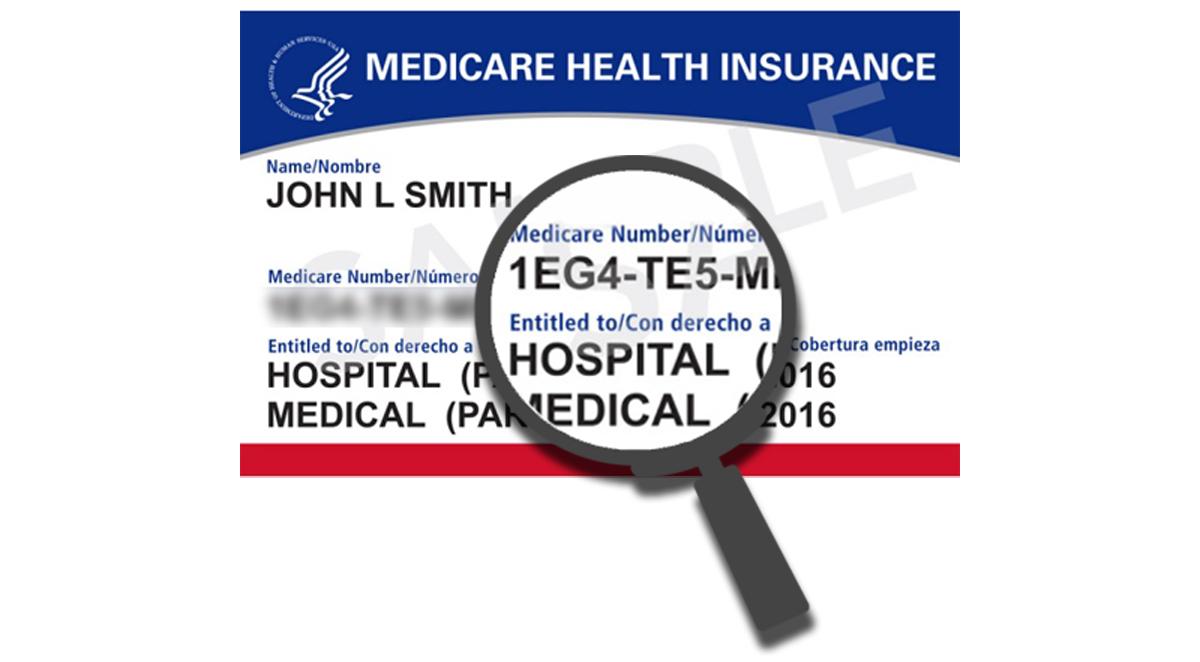 A medicare health insurance card with a magnifying glass over the Medicare Beneficiary Identifier (MBI)